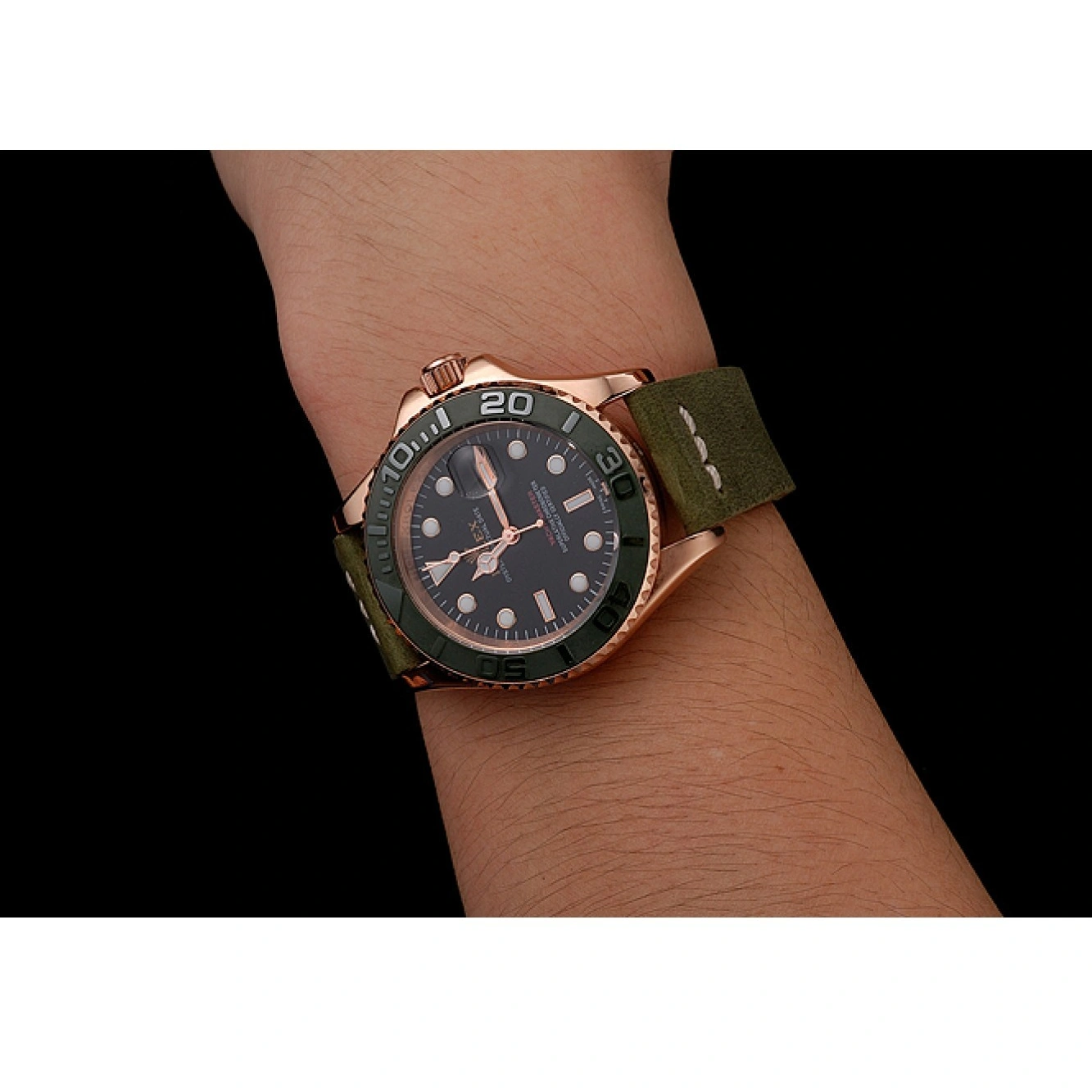 MiroTime 1013 Rolex Yacht Master Black Dial Green Bezel Rose Gold Case Green Leather Bracelet 1453862